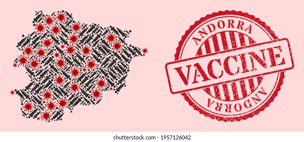 Vector mosaic Andorra map of corona virus, vaccine icons, and red grunge vaccine stamp. Virus particles and vaccine needles inside Andorra map.