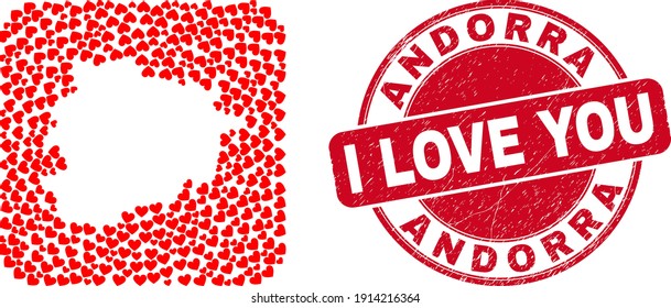 Vector mosaic Andorra map of valentine heart elements and grunge love stamp. Mosaic geographic Andorra map created as stencil from rounded square shape with lovely hearts.
