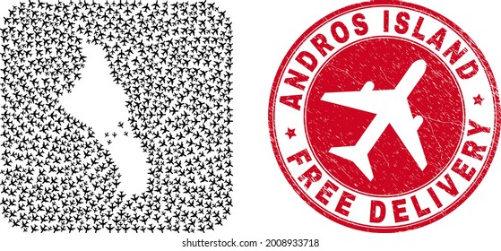 Vector mosaic Andros Island of Bahamas map of air plane items and grunge Free Delivery stamp.