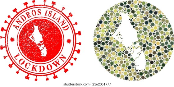 Vector mosaic Andros Island of Bahamas map of covid virus items and grunge LOCKDOWN seal stamp.