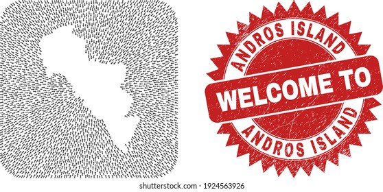 Vector mosaic Andros Island of Greece map of moving arrows and scratched Welcome seal.