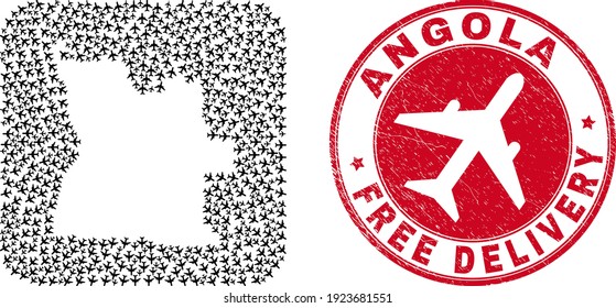 Vektor Mosaik Angola Karte der Luftartikel und grunge Free Delivery Siegel Stempel. Mosaik geographische Angola-Karte, die als geschnitzte Form aus abgerundeter quadratischer Form mit Schiffsflugzeugen konstruiert wurde.