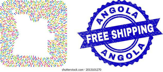 Vector mosaic Angola map of delivery arrows and rubber Free Shipping stamp. Mosaic Angola map created as carved shape from rounded square shape with evacuation arrows.