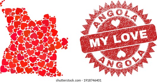 Mosaico vectorial Angola mapa de los ítems del corazón de amor y estampado de My Love. Mapa de Angola geográfico collage construido con corazones valentinos.