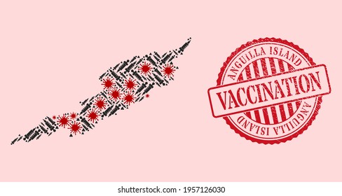 Vector mosaic Anguilla Island map of corona virus, inoculation icons, and red grunge vaccination seal stamp. Virus particles and vaccination particles inside Anguilla Island map.