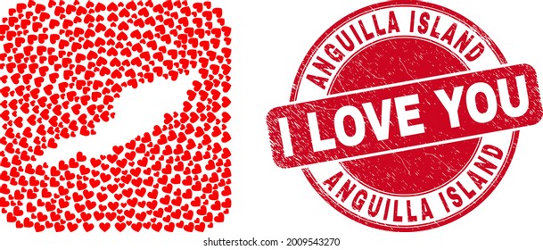 Vector mosaic Anguilla Island map of valentine heart elements and grunge love seal. Mosaic geographic Anguilla Island map constructed as subtraction from rounded square shape with valentine hearts.