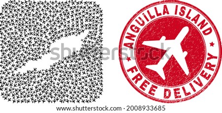Vector mosaic Anguilla Island map of air force items and grunge Free Delivery seal stamp.