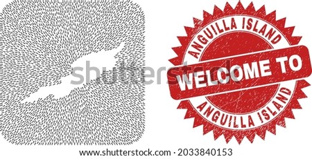 Vector mosaic Anguilla Island map of pointer arrows and rubber Welcome badge. Mosaic geographic Anguilla Island map constructed as subtraction from rounded square shape with navigation arrows.