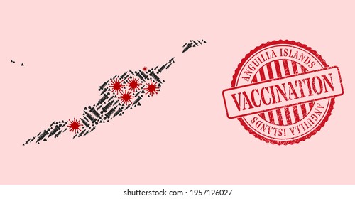Vektormosaik Anguilla Islands Karte von Coronavirus, Dosierungssymbole und rotem Grunge-Impfsiegel. Virusartikel und Impfstoffe innerhalb der Anguilla Islands Map.