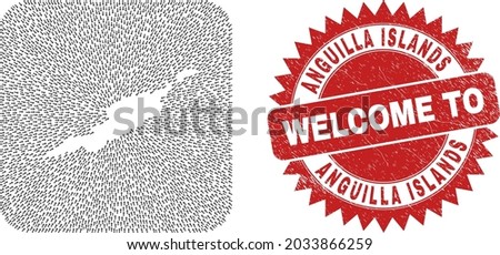 Vector mosaic Anguilla Islands map of straight arrows and grunge Welcome badge. Mosaic geographic Anguilla Islands map designed as carved shape from rounded square shape with navigation arrows.