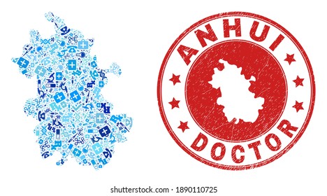 Vector mosaic Anhui Province map with dose icons, chemical symbols, and grunge health care stamp. Red round seal with scratched rubber texture and Anhui Province map text and map.