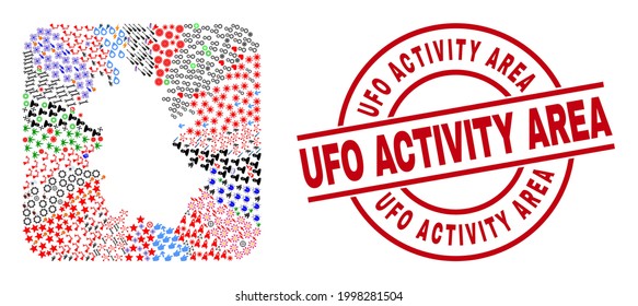 Vector mosaic Anhui Province map of different pictograms and UFO Activity Area stamp. Mosaic Anhui Province map designed as hole from rounded square shape. Red round stamp with UFO Activity Area tag.