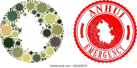 Vector mosaic Anhui Province map of virus items and grunge EMERGENCY seal stamp.