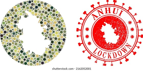 Vector mosaic Anhui Province map of flu virus items and grunge LOCKDOWN seal stamp.