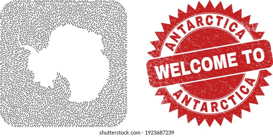 Vector mosaic Antarctica continent map of direction arrows and rubber Welcome badge. Collage geographic Antarctica continent map created as carved shape from rounded square shape with pointer arrows.