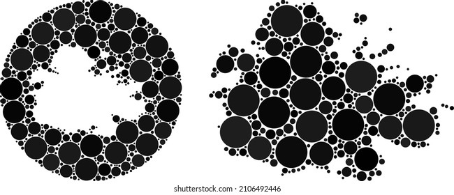 Vector mosaic Antigua Island map of sphere parts. Mosaic geographic Antigua Island map is created as stencil from circle with circle parts in black color hues. Dot vector mosaic Antigua Island map.