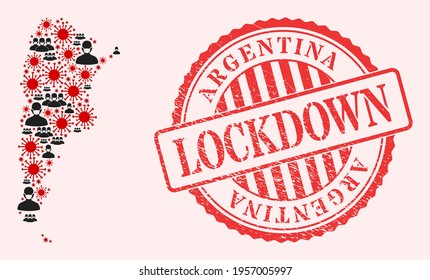 Vector mosaic Argentina map of covid-2019 virus, masked men and red grunge lockdown seal stamp. Virus particles and men in masks inside Argentina map.