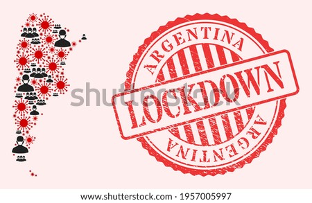 Vector mosaic Argentina map of covid-2019 virus, masked men and red grunge lockdown seal stamp. Virus particles and men in masks inside Argentina map.