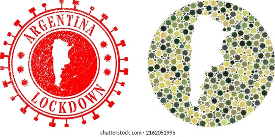 Mosaico vectorial de Argentina mapa de íconos de virus y sello de sello LOCKDOWN grunge. Mapa geográfico mosaico de Argentina creado como forma tallada de forma redonda con íconos del virus de la gripe en colores del ejército de camuflaje.