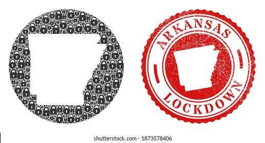 Vector mosaic Arkansas State map of locks and grunge LOCKDOWN stamp. Mosaic geographic Arkansas State map designed as carved shape from round shape with black locks.