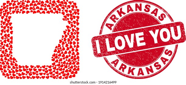 Vector mosaic Arkansas State map of valentine heart elements and grunge love stamp. Mosaic geographic Arkansas State map constructed as carved shape from rounded square with love hearts.