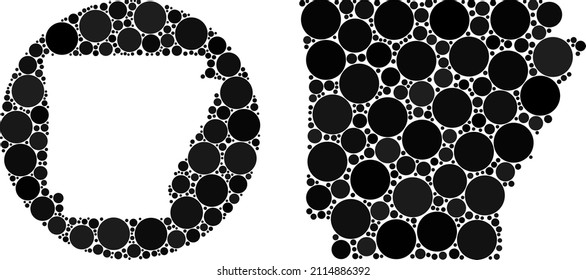 Vector mosaic Arkansas State map of circle elements. Mosaic geographic Arkansas State map is constructed as stencil from round shape with round elements in black color hues.