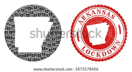 Vector mosaic Arkansas State map of locks and grunge LOCKDOWN stamp. Mosaic geographic Arkansas State map designed as carved shape from round shape with black locks.