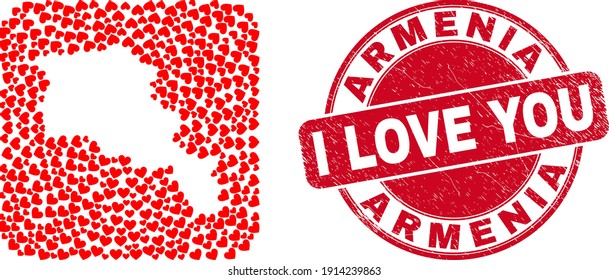 Vector mosaic Armenia map of love heart items and grunge love stamp. Mosaic geographic Armenia map created as hole from rounded square with love hearts.