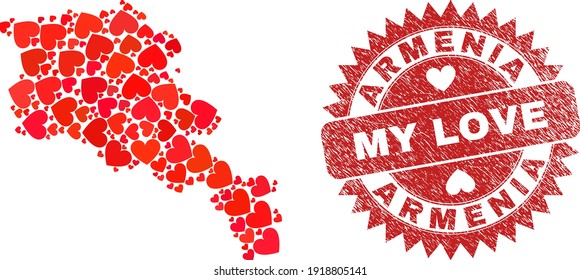 Vector mosaic Armenia map of love heart items and grunge My Love seal stamp. Collage geographic Armenia map constructed with love hearts. Red rosette badge with grunge rubber texture and my love word.