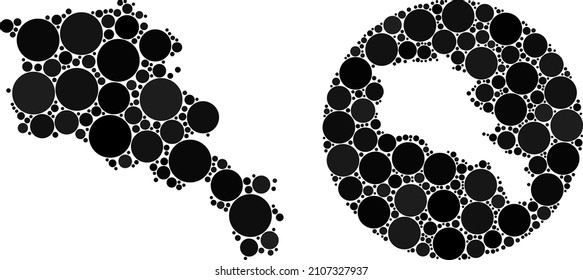 Mapa de puntos redondos del mosaico vectorial de Armenia. Mapa de Armenia geográfico mosaico creado como un lápiz de forma redonda con puntos redondos en colores negros. Mapa de Armenia con mosaico vectorial de píxeles.