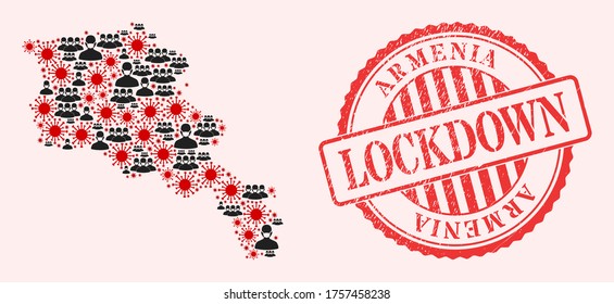 Vector mosaic Armenia map of SARS virus, masked people and red grunge lockdown stamp. Virus particles and men in masks inside Armenia map. Red stamp with grunge rubber texture and LOCKDOWN caption.