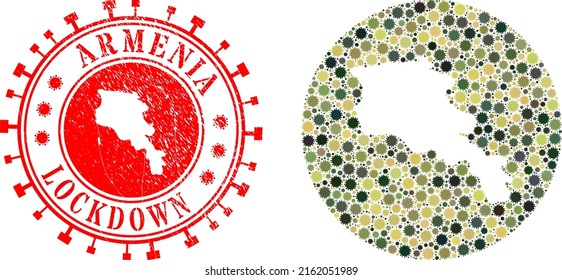 Vector mosaic Armenia map of sars virus icons and grunge LOCKDOWN stamp. Mosaic geographic Armenia map created as subtraction from circle with sars virus items in camo army color hues.