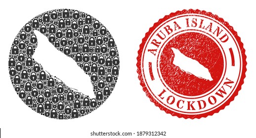 Vector mosaic Aruba Island map of locks and grunge LOCKDOWN seal stamp. Mosaic geographic Aruba Island map constructed as carved shape from circle with black locks.