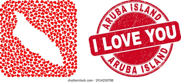 Vector mosaic Aruba Island map of love heart elements and grunge love seal. Mosaic geographic Aruba Island map designed as carved shape from rounded square shape using valentine hearts.