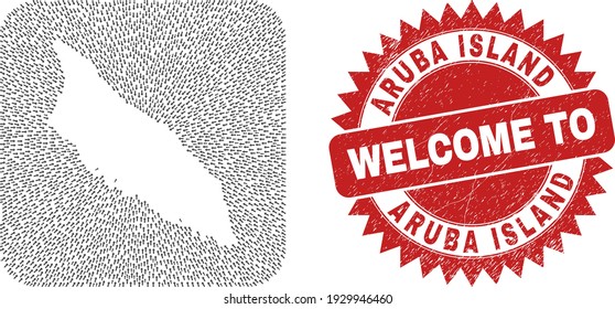 Mosaico vectorial Isla Aruba mapa de flechas de movimiento y sello de bienvenida raspado. Mapa geográfico mosaico de la isla de Aruba construido en forma cuadrada redondeada con flechas rectas.