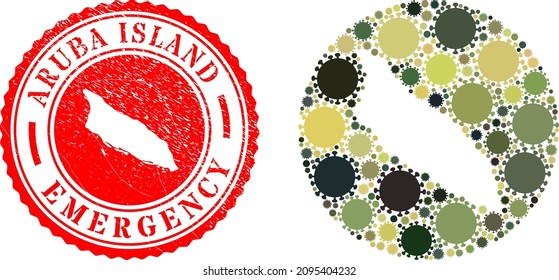 Vector mosaic Aruba Island map of virus items and grunge EMERGENCY seal stamp.