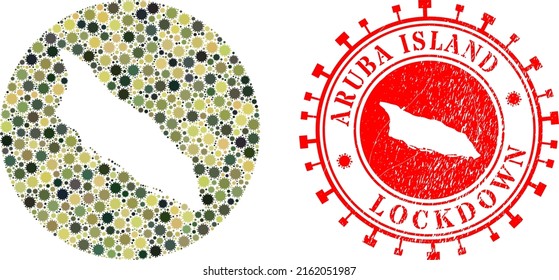 Mosaico vectorial Isla Aruba mapa de íconos del virus de la gripe y estampado LOCKDOWN grunge. Mapa geográfico mosaico de la isla de Aruba diseñado como sustracción del círculo con íconos del virus de la gripe en colores del ejército de camuflaje.