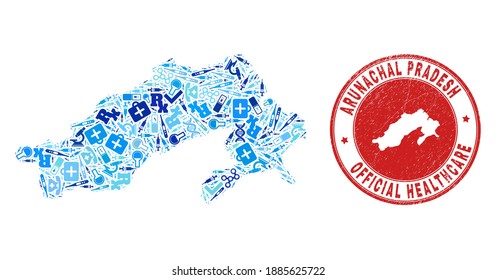 Vector mosaic Arunachal Pradesh State map with treatment icons, analysis symbols, and grunge health care seal. Red round seal with corroded rubber texture and Arunachal Pradesh State map tag and map.