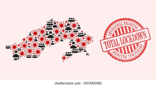 Vector mosaic Arunachal Pradesh State map of covid-2019 virus, masked men and red grunge lockdown stamp. Virus cells and men in masks inside Arunachal Pradesh State map.