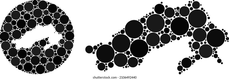 Mosaico vectorial del mapa de elementos redondos del estado de Arunachal Pradesh. El mapa geográfico mosaico del estado de Arunachal Pradesh está construido en forma tallada a partir de forma redonda con elementos redondeados en tonos de color negro.