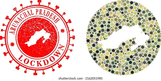 Vector mosaic Arunachal Pradesh State map of flu virus icons and grunge LOCKDOWN seal stamp.