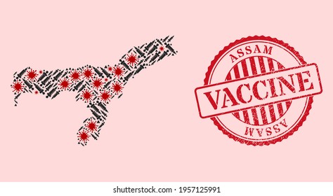Vector mosaic Assam State map of SARS virus, vaccine icons, and red grunge vaccine seal stamp. Virus particles and syringe particles inside Assam State map.