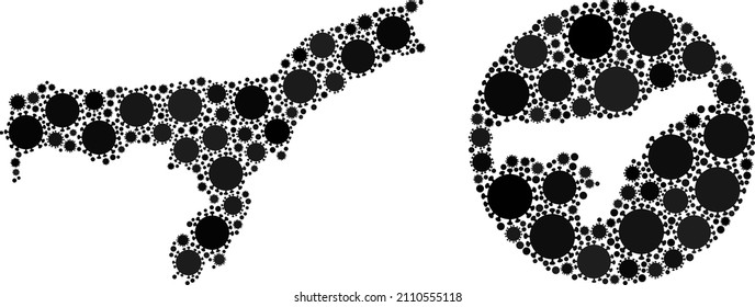 Vector mosaic Assam State map of virus outbreak icons. Mosaic geographic Assam State map constructed as carved shape from round shape with sars virus icons in black color hues.