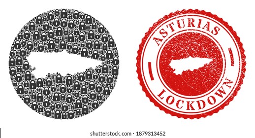 Vector mosaic Asturias Province map of locks and grunge LOCKDOWN seal. Mosaic geographic Asturias Province map constructed as stencil from round shape with black locks.