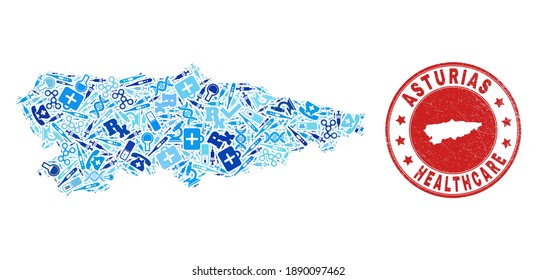 Mapa de la provincia de Asturias con mosaicos vectoriales con iconos de la vacuna, símbolos de laboratorio y timbre de los médicos. Sello rojo redondo con textura de caucho raspado y mapa de la provincia de Asturias.