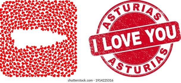 Vector mosaic Asturias Province map of lovely heart elements and grunge love badge. Collage geographic Asturias Province map designed as subtraction from rounded square with love hearts.