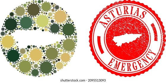 Vector mosaic Asturias Province map of virus outbreak icons and grunge EMERGENCY seal stamp.