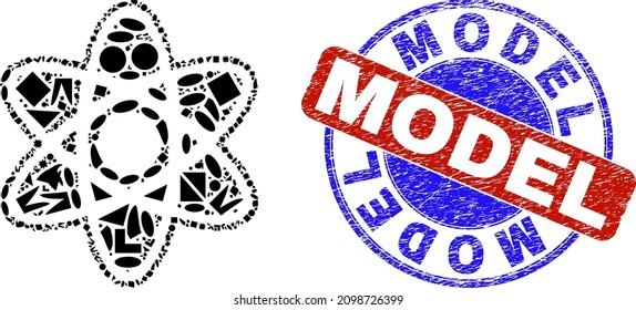 Vector mosaic atom model icon, and bicolor Model textured stamp seal. Abstract mosaic of atom model done of spheric, triangle, square geometric items.