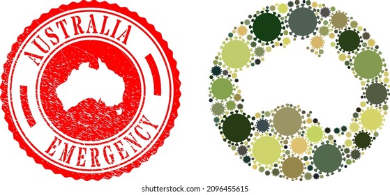 Vector mosaic Australia map of covid infection icons and grunge EMERGENCY seal stamp.