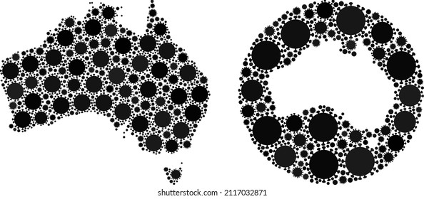 Vector mosaic Australia map of covid infection items. Mosaic geographic Australia map designed as stencil from circle with covid infection elements in black colors.